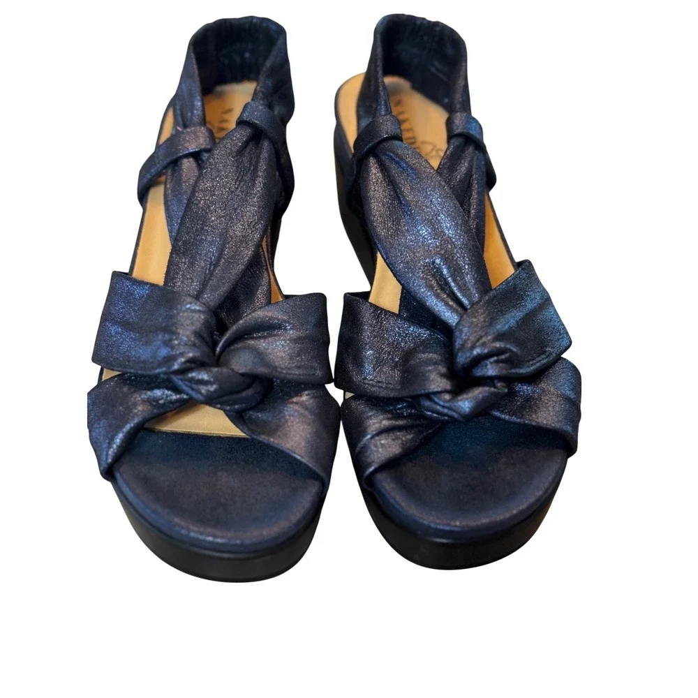 Naked Feet Navy Blue Metallic Knot Platform Wedge Slingback Sandals
